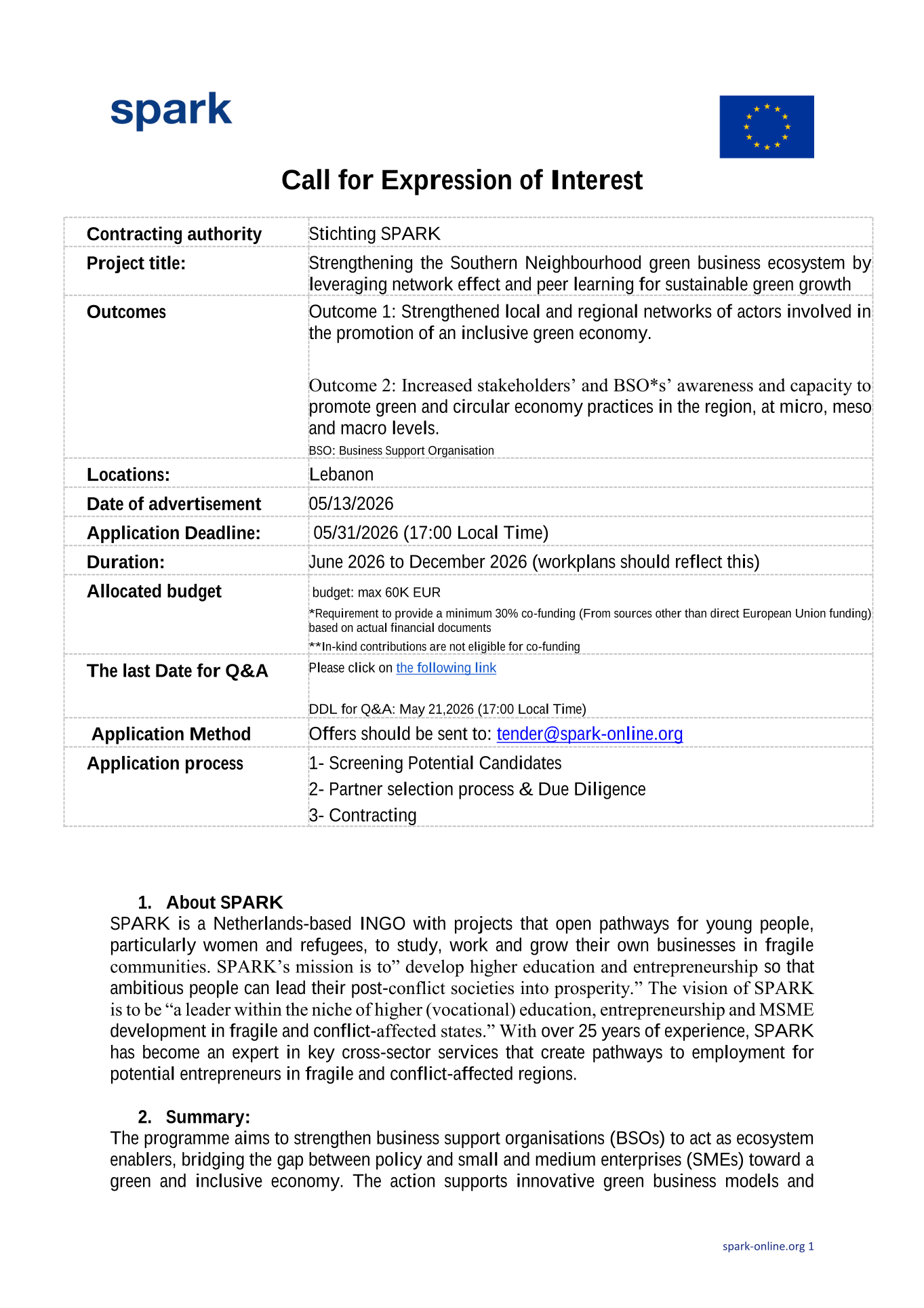 Apply Now For SPARK’s Green Business Ecosystem Call For Expression Of Interest In Lebanon