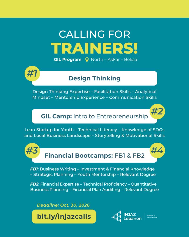 INJAZ Lebanon Opens Applications for Four Entrepreneurship Trainer Assignments